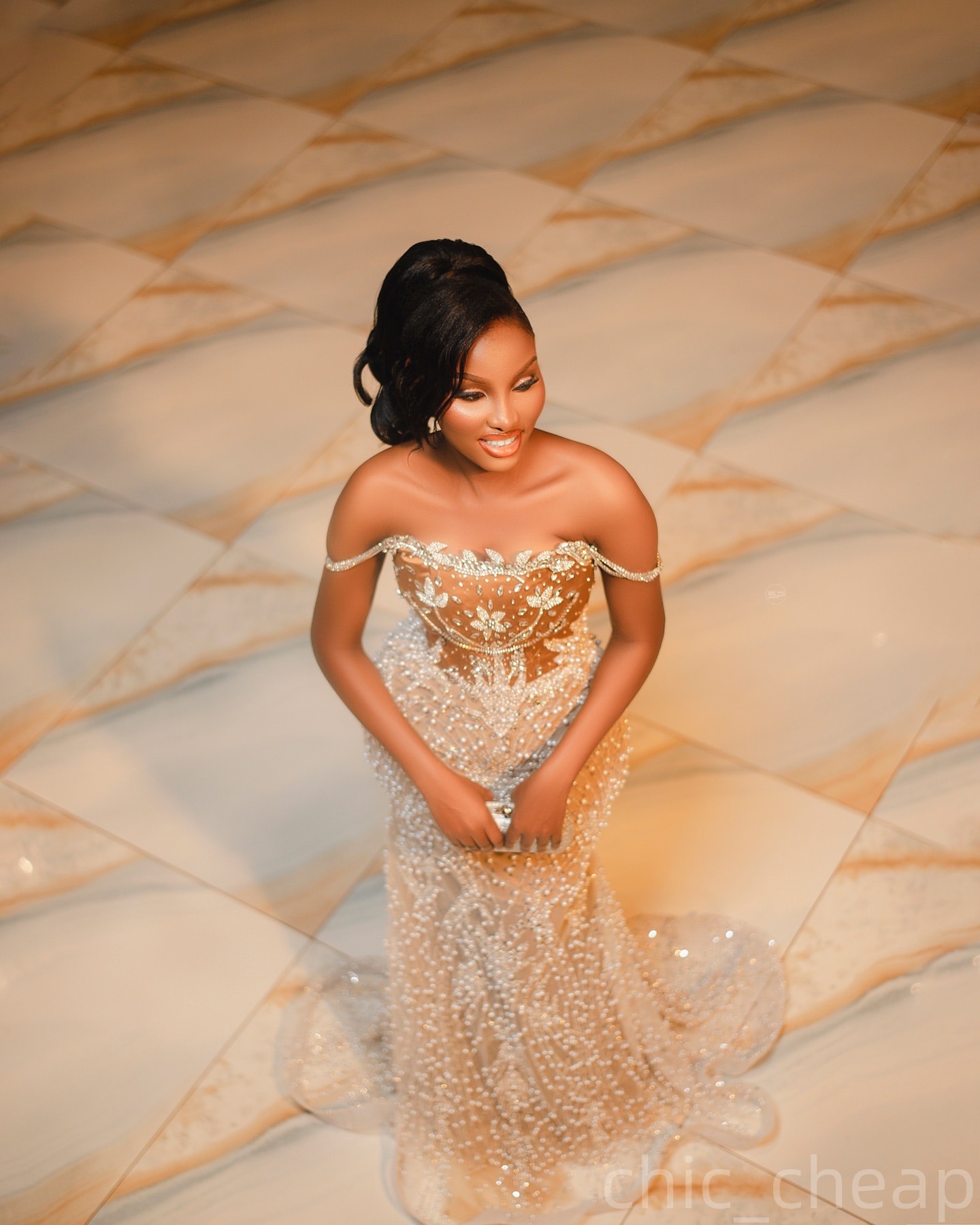 Aso Ebi Gold Mermaid Prom Dresses 2025 Illusion Crystals Pearls Evening Formal Party Second Birthday Engagement Gowns Plus Size Dress For Special Occa