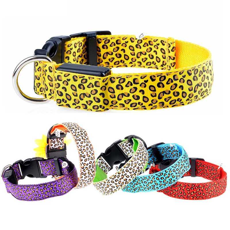 Leopard Nylon Pet Dog Collar For Small Dogs Cat LED Light Night Safety Adjustable Glowing Necklace Puppy Collar Perro AccesoriosXJ250218