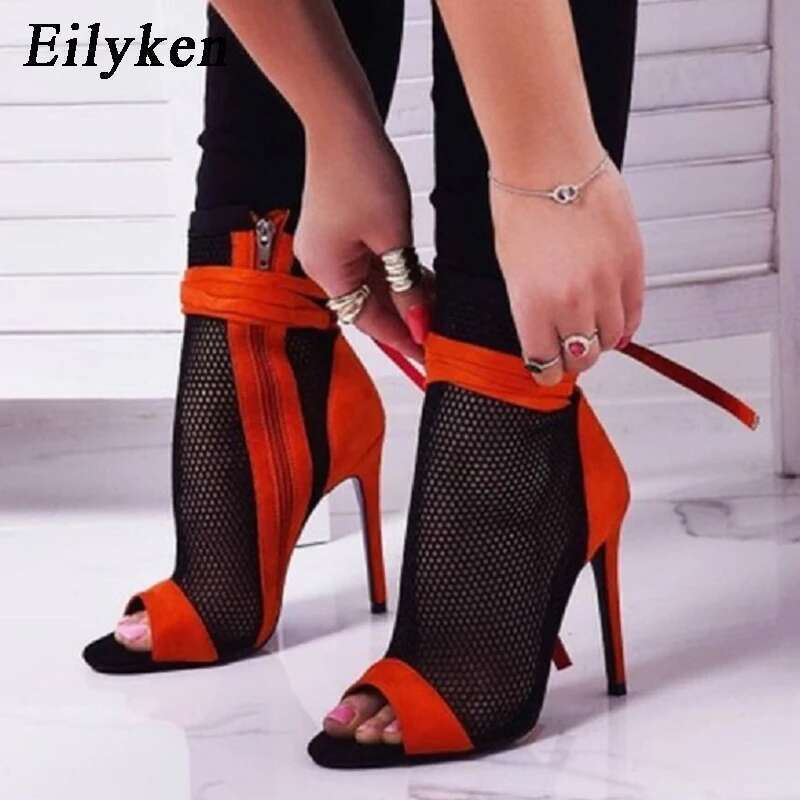 Sexy Peep Toe Stiletto High Heels Women's Sandals Party Zipper ANKLE Boots Club Strippers Shoes Sandalias De Mujer