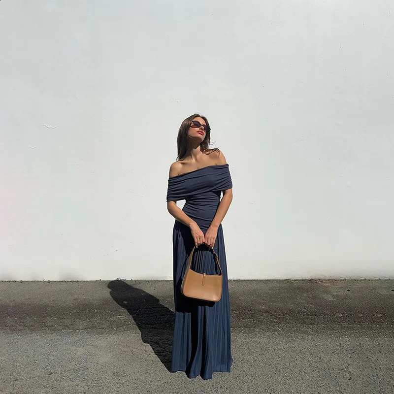 Sexy Elegant Women Slim Long Dresses Vintage Backless High Waist Pleated A Line Maxi Dress Summer Female Holiday Party Robe 250218