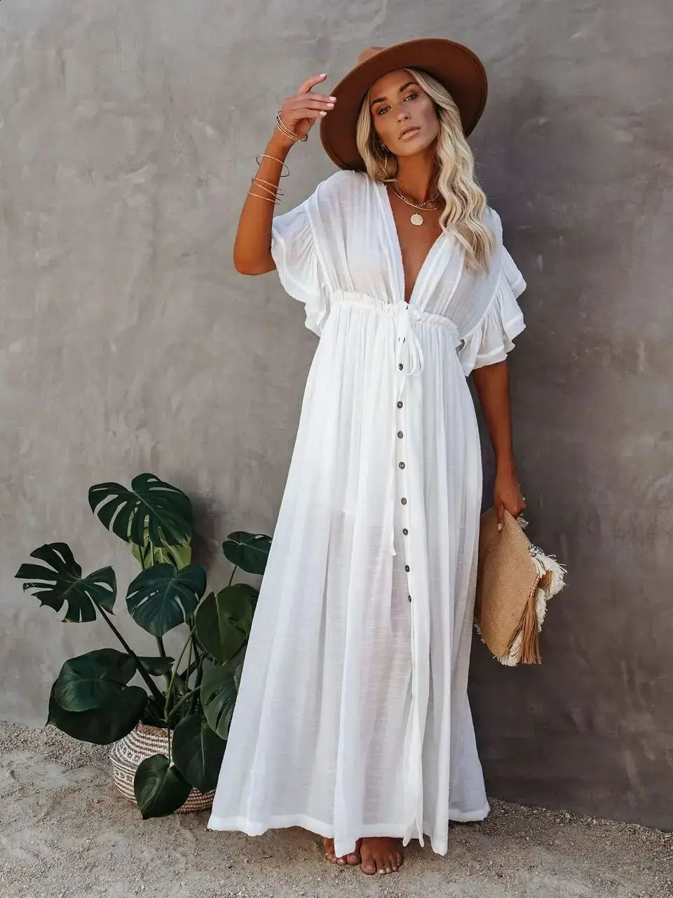 2024 Summer Long Bikini Cover Ups for Women Solid VNeck Kimono Beach Dresses Lace Up AntiSun Swim Dress Bohemian Sarong Skirt 250212