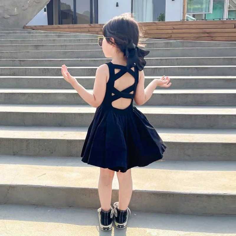 2024 Summer Girls Elegant Goth Dresss Black Sleeveless Tutu Dress Backless Off Shoulder Party Kid Dresses 2 4 5 6 7 8 Years OldT250219
