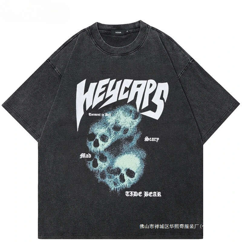 Men's short sleeved T-shirt skull oversized pattern washed black summer Korean fashion Y2k streetwear