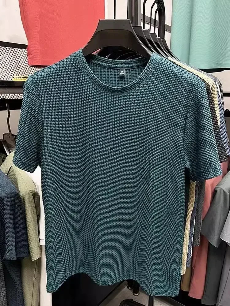 Mens Short Sleeve Mesh Bamboo Ice Silk T-shirt Casual Versatile Summer Elastic Slimming Top for Men 250217
