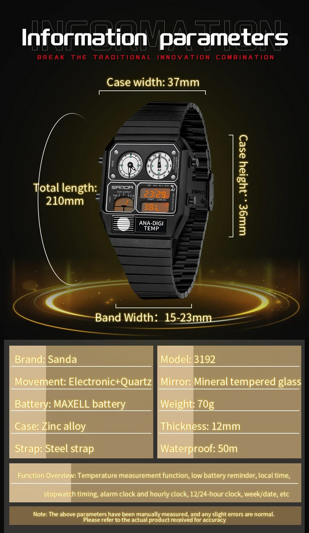 SANDA 3192 -selling LED Electronic Square Mens Youth Casual Multi-function Thermometer Stopwatch Chronograph Mens Watch 250217
