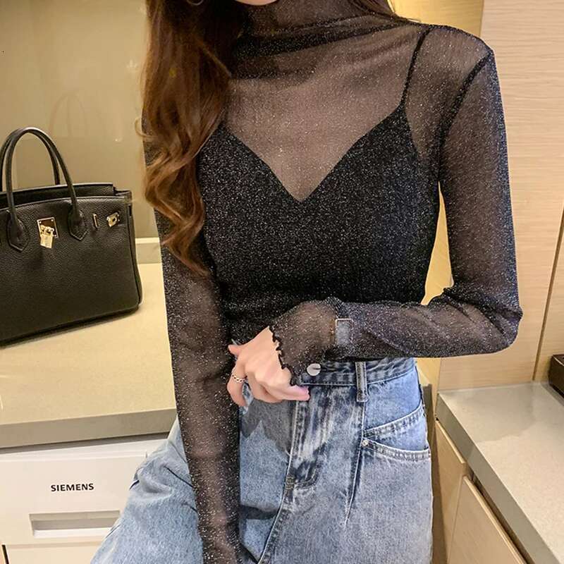 Spring Summer Women's Sexy See Through Mesh Blouse Long Sleeve Transparent Shining Elegant Shirt Fashion Women Tops 2024