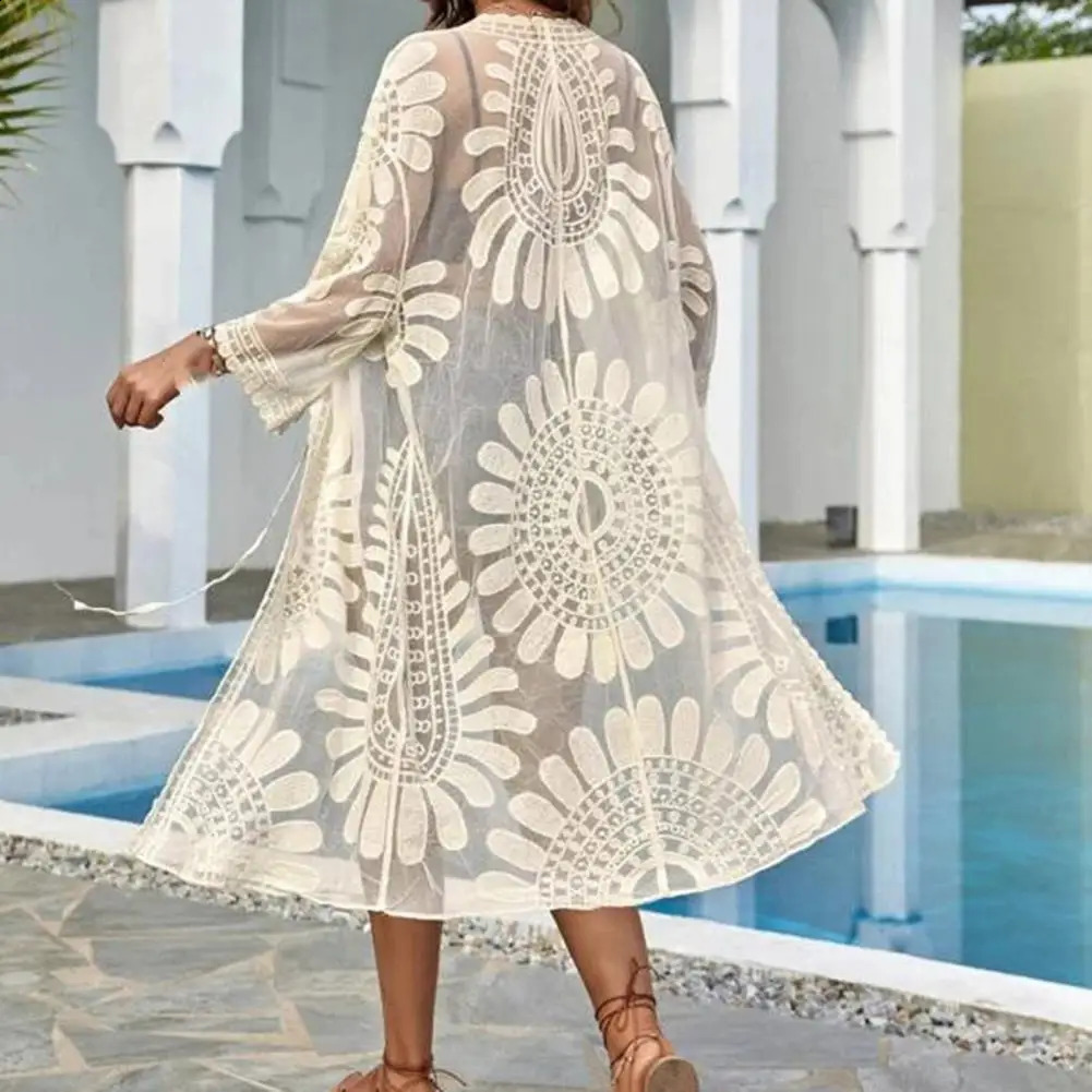 Flower Lace Coverups Beachwear White Cardigan Beach Cover Ups for Swimwear Women Bath Exits Outfits Solid Knitted Wear Coverup 250217