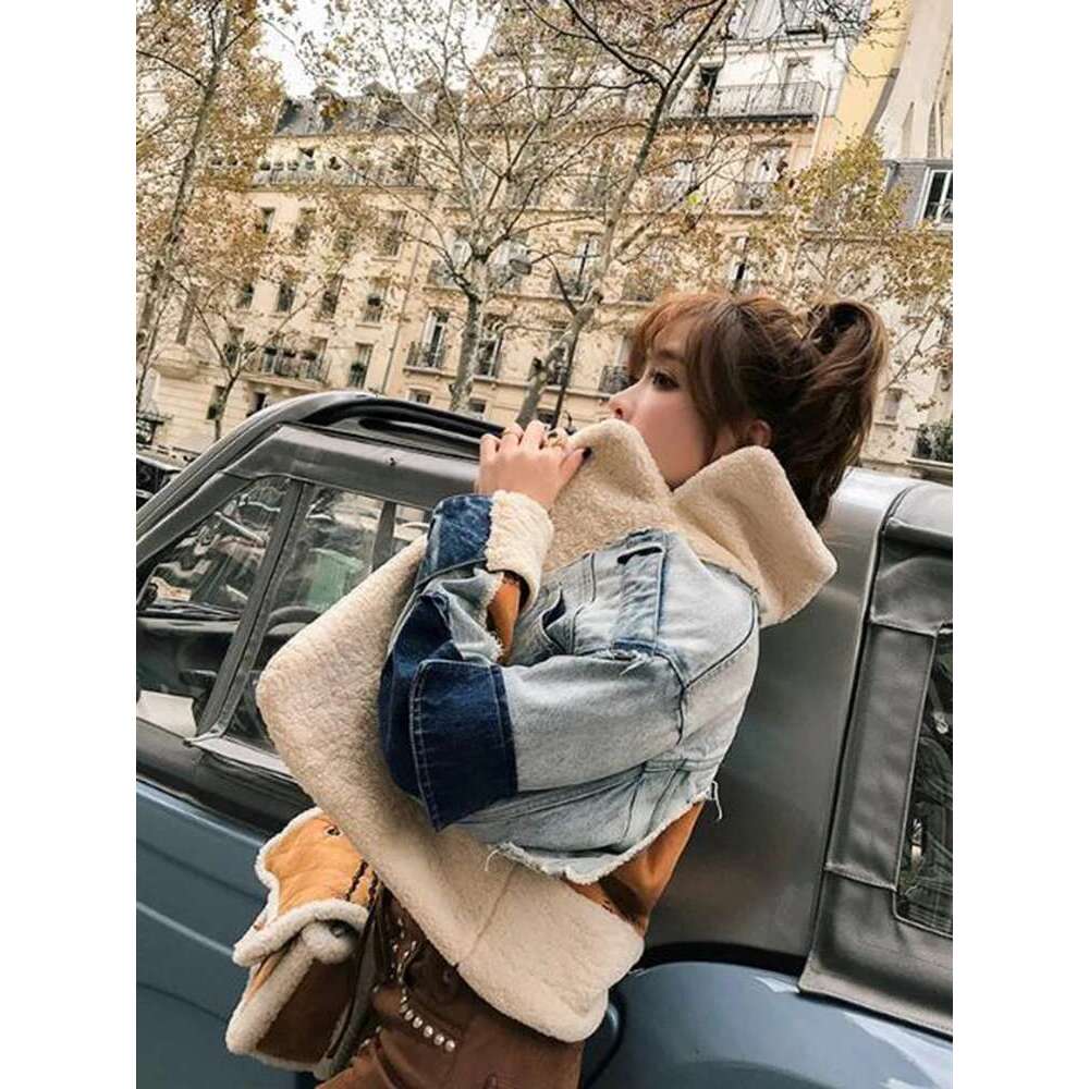 Denim Jacket, Women's , Plush, Personalized Lamb Wool Lapel, Thickened Top, Heavy Work Ing