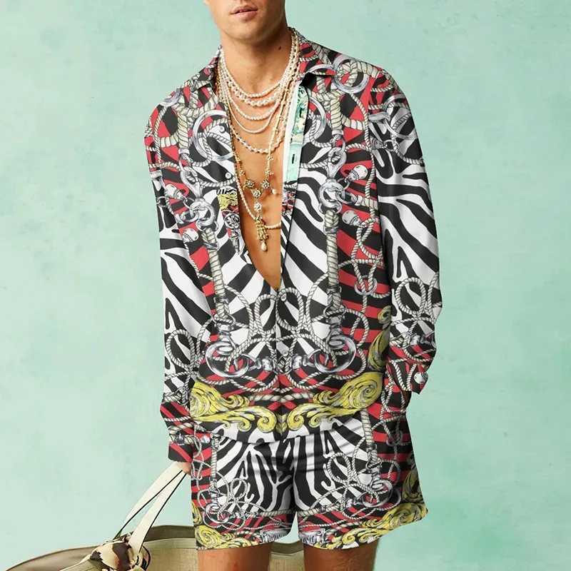 2023 Men Fashion Long Sleeve Shirt Set Hawaiian Summer Casual Beach Clothing Vacation Wear 3D Floral Printing 2 Piece Tops PantsXJ250218