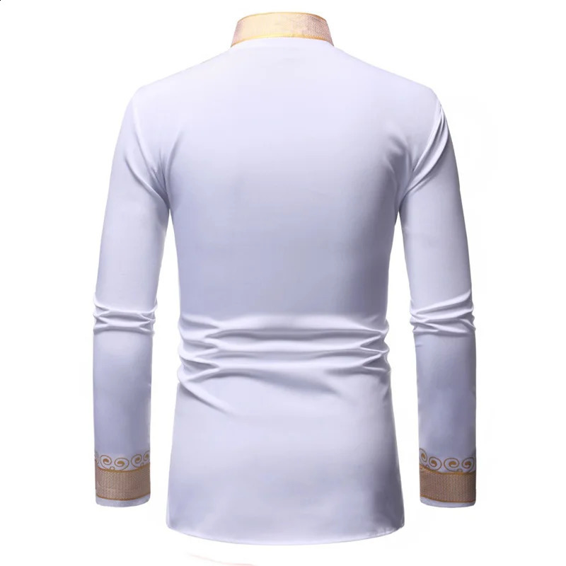 White Wenhua collar mens fashion long sleeved African stone printed dress mens casual shirt African clothing 250214