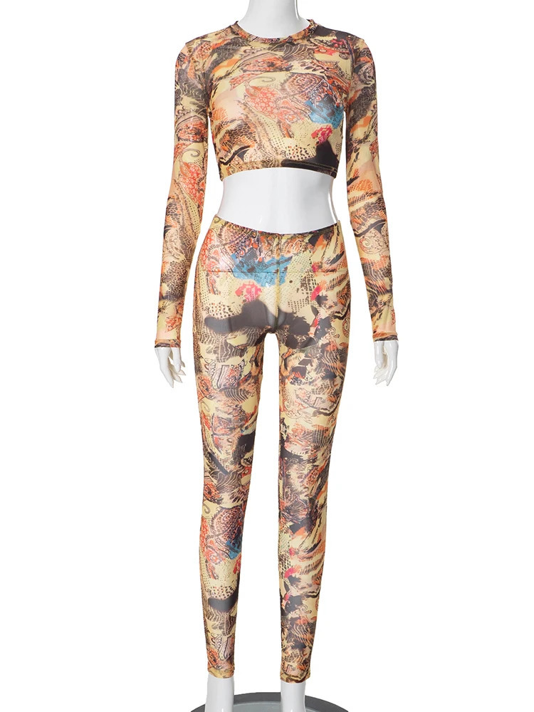 Weird Puss Colorful Print See Through 2 Piece Set Women Autumn Thin Full Sleeve Crop TopSkinny Pants Midnight Matching Outfits 250218