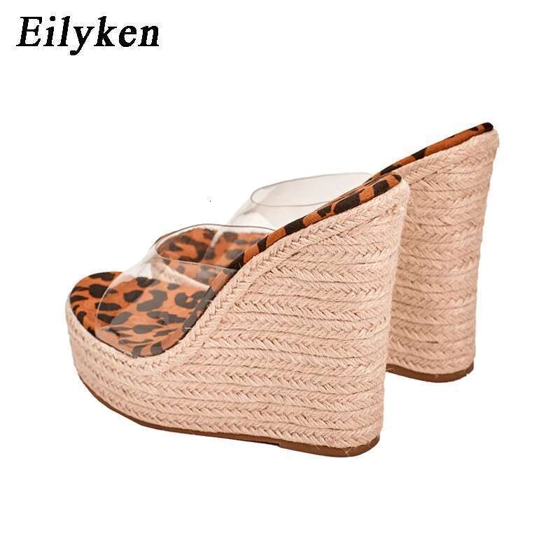 PVC Transparent Peep Toe Leopard Grain Platform Wedges Slippers Sandals Women Fashion High Heels Female Shoes