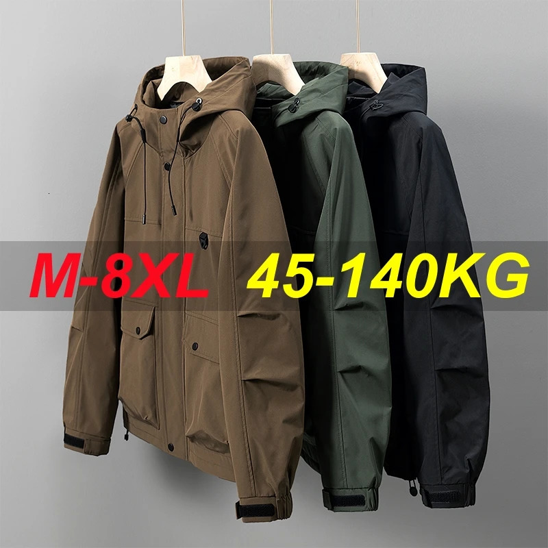 Men Jacket Hooded Big Pocket Windbreaker Trench Coats Oversize 6XL 7XL 8XL Plus Size Waterproof Camping Loose Thin Softshell 250214