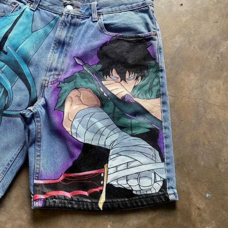 American Classic Personality Trend Animation Printed Super Large Denim Shorts Men Y2k Harajuku Hip-hop Versatile Jeans Women W250219