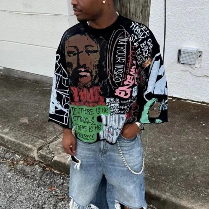 Men's T Shirts American Gothic Cartoon Pattern Printed Oversized T-shirt Street Hip Hop Loose Round Neck Hooded Middle Top