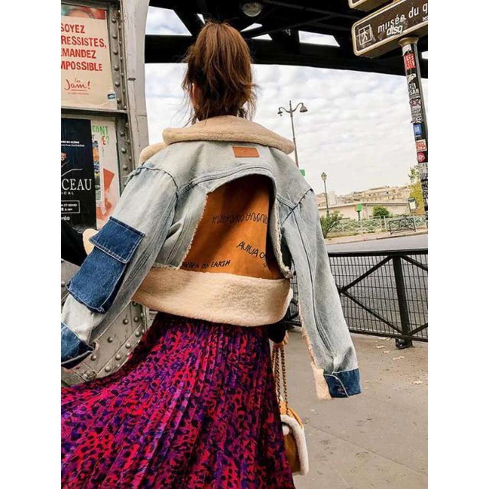 Denim Jacket, Women's , Plush, Personalized Lamb Wool Lapel, Thickened Top, Heavy Work Ing