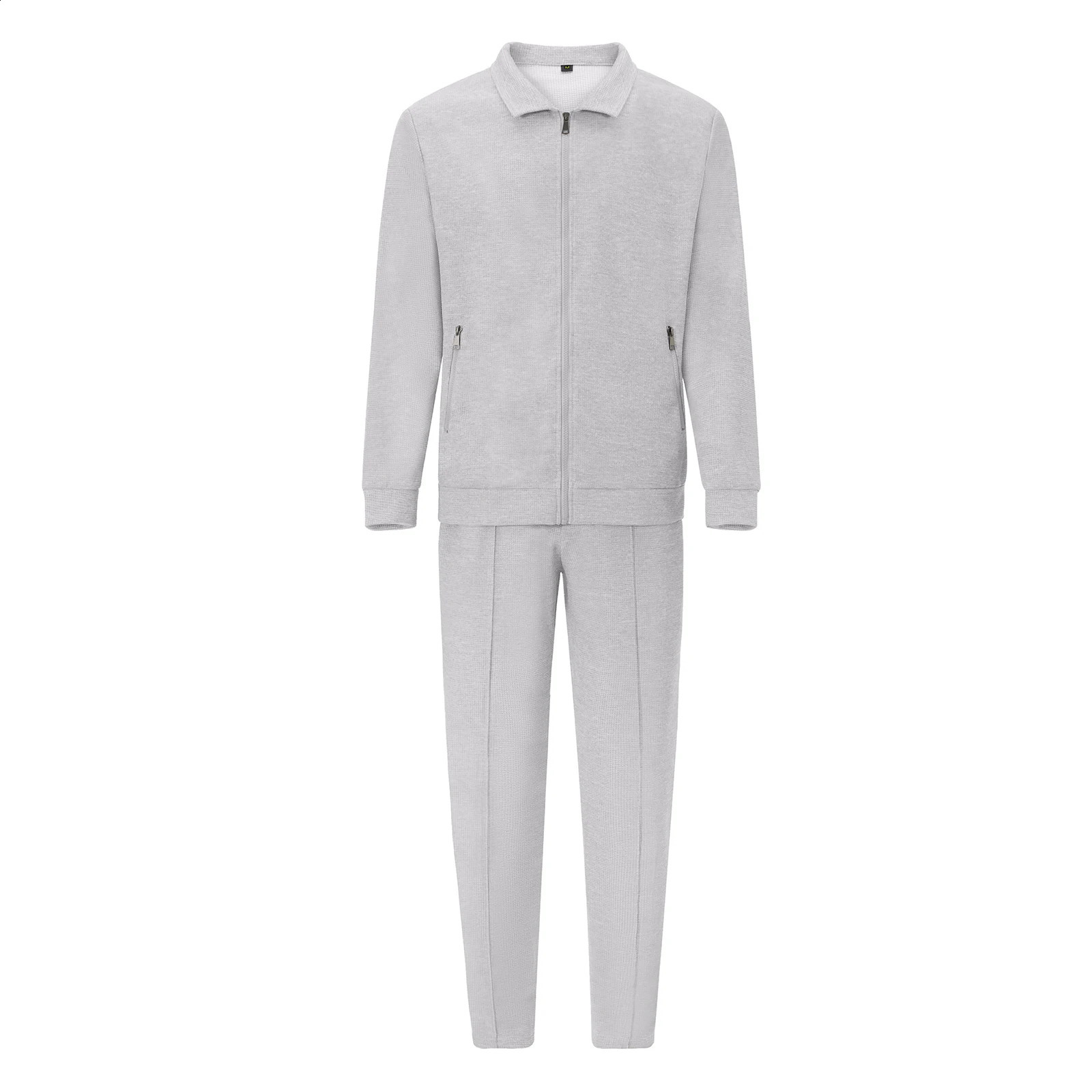 Men Two Piece Tracksuit Set Long Sleeve Zip Up Waffle Jacket Pants Set Loungewear Casual Daily 250218