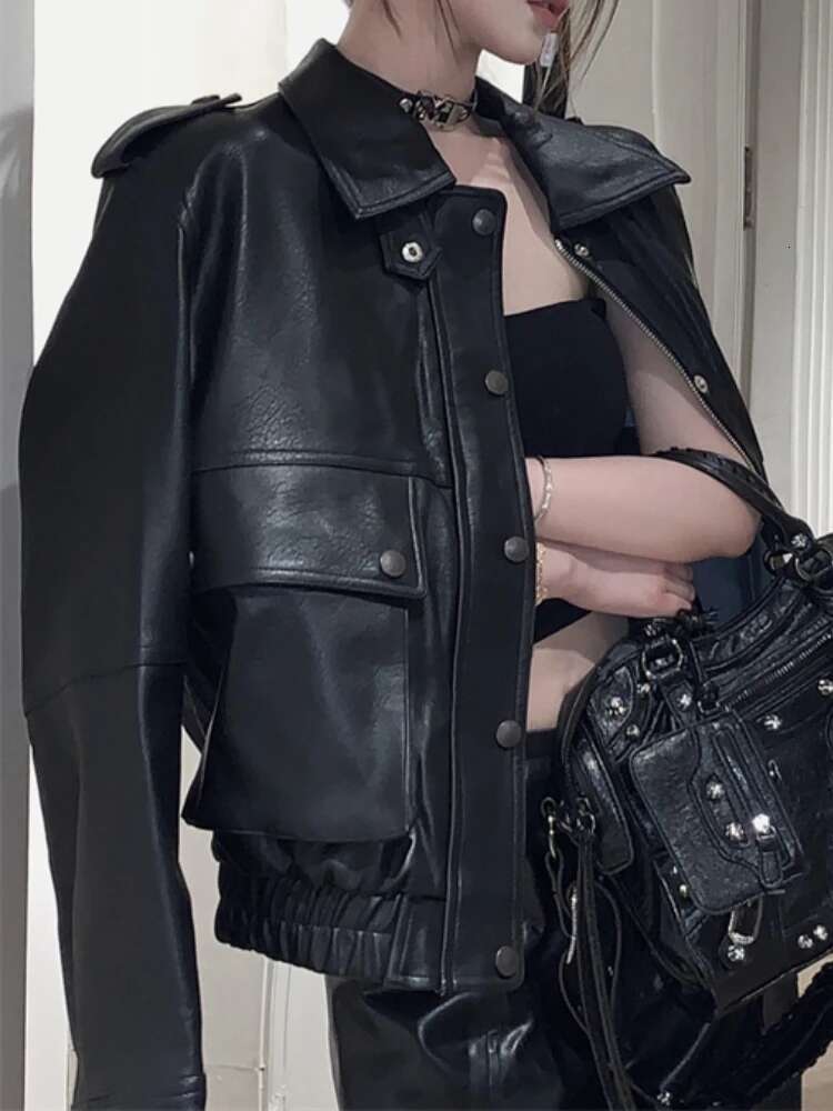Punk Streetwear Black Women Winter Casual Moto Biker Zipper Leather Jacket Fashion Trench High Street Faux Coat