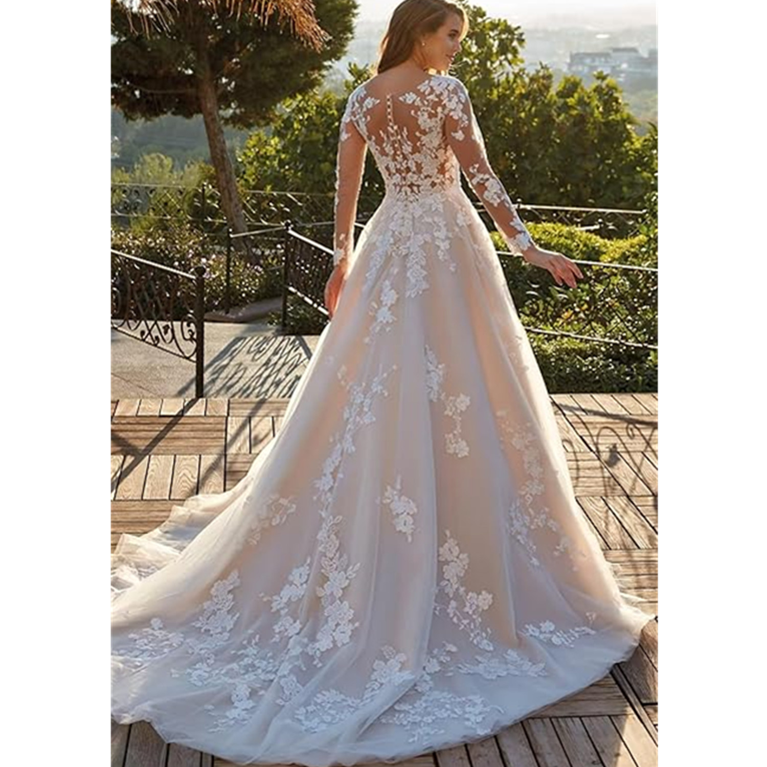 Off The Shoulder Sleeves Lace Wedding Dress Women Illusion Back Appliques Scoop A-Line Bridal Gowns Vestidos Plus Size 01