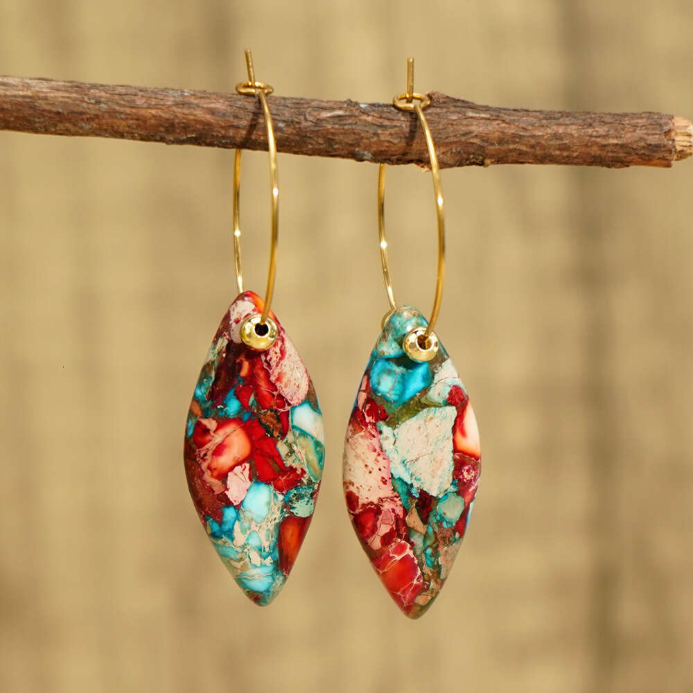 New Bohemian Rice Shaped Blue and Red Emperor Stone Pendant Earrings Popular Ins Ear Accessories
