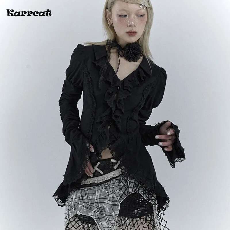 Karrcat Gothic Black Lace Dark Aesthetic Irregular Blouses Yamamoto Style Grunge Flare Sleeve V-neck Shirt Vintage Y2k Emo