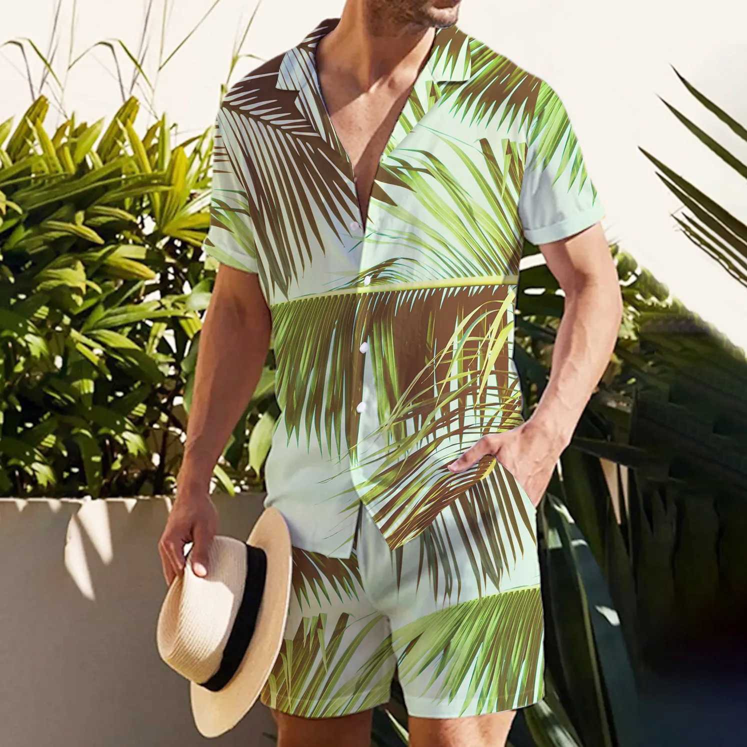Summer Palm Leaves 3D Print Men Shirt Sets Fashion Short Sleeve Shirt Oversized Beach Shorts Streetwear Hawaiian Suits ClothesXJ250218