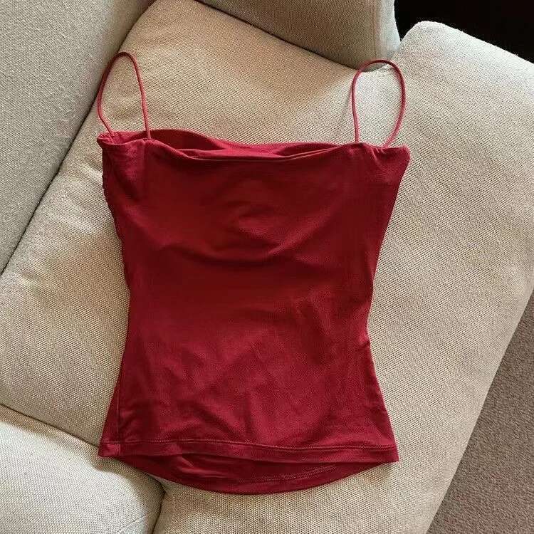 Vest Halter Summer Korean Style Trend Fashion Built In Bra Stretch Women Beach Everyday Casual Tank Top