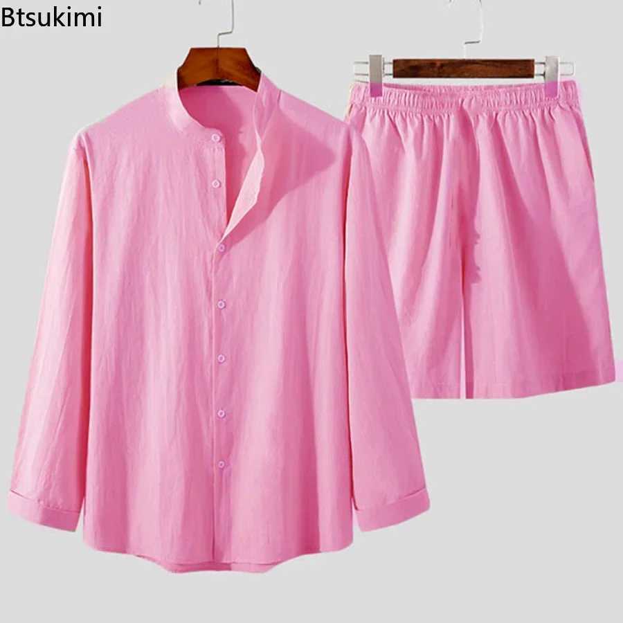 New 2025 Mens Summer Casual Hawaiian Beach Sets 2PCS Solid Long Sleeve Shirt and Board Shorts Streetwear Cotton Linen Men SetsXJ250218
