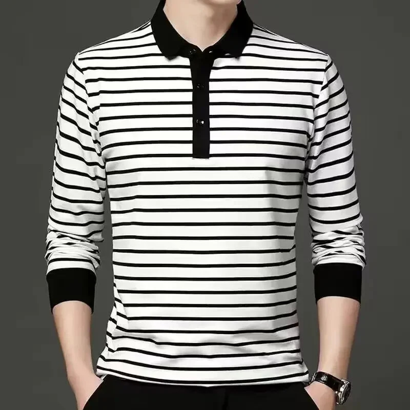 Spring and Autumn Mens Long Sleeve Tshirt with Polo Collar Black White Stripes Top Youth Casual Male Comfortable Shirt 250219
