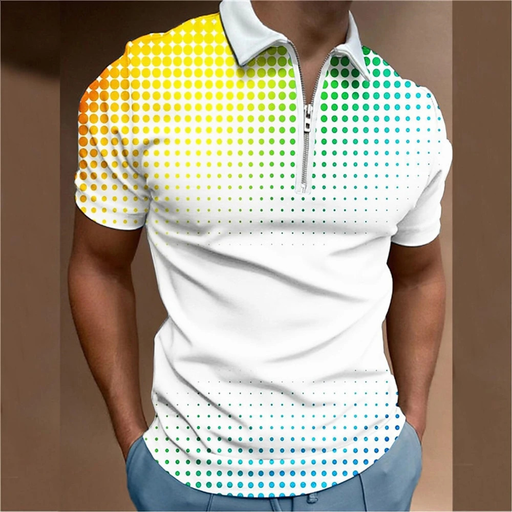Colorful Printed MenS Polo T-Shirt Summer Golf Short Sleeve Zip Polo Shirt Spot Print Tops Fashion Loose Oversized Men Clothing 250218