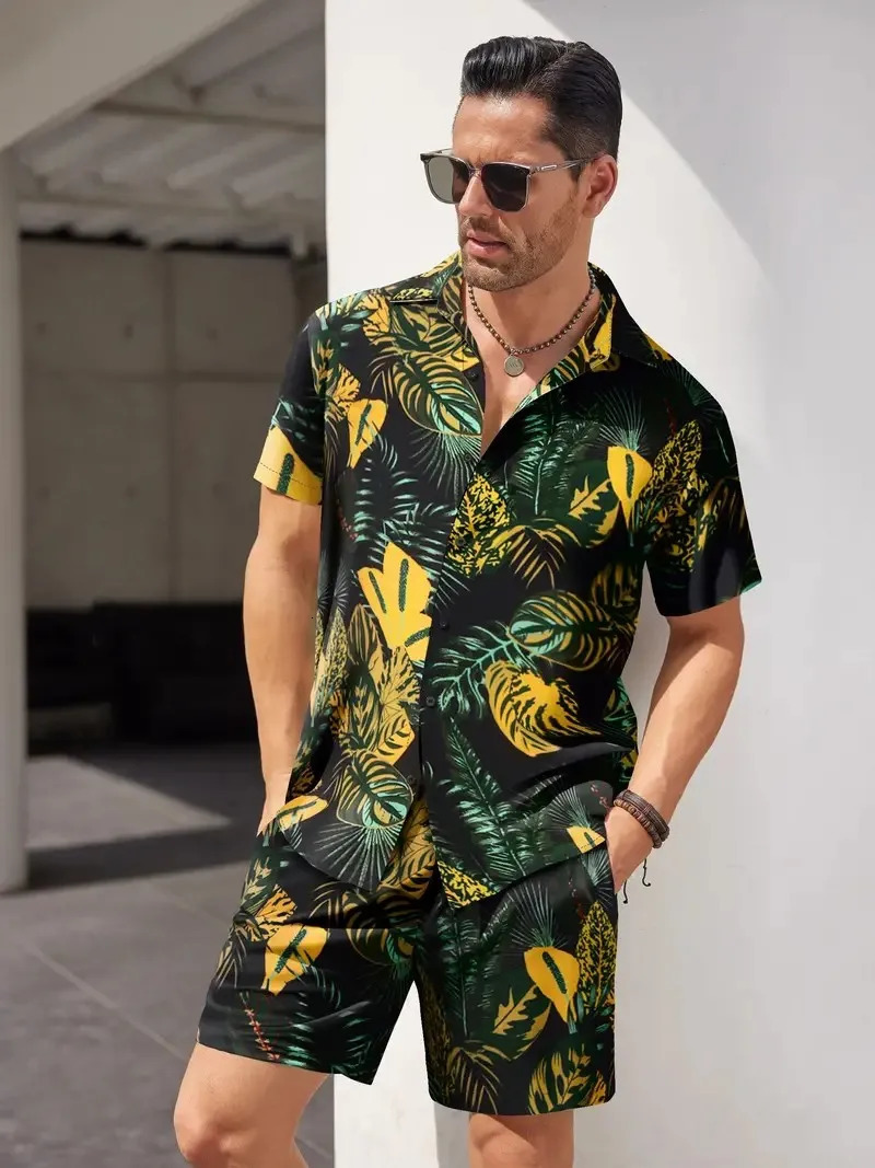 Summer Mens Lapel POLO Shirt Suit Hawaii Printed Pattern Sportswear Casual Oversized Top Shorts Breathable Plus Size 250219