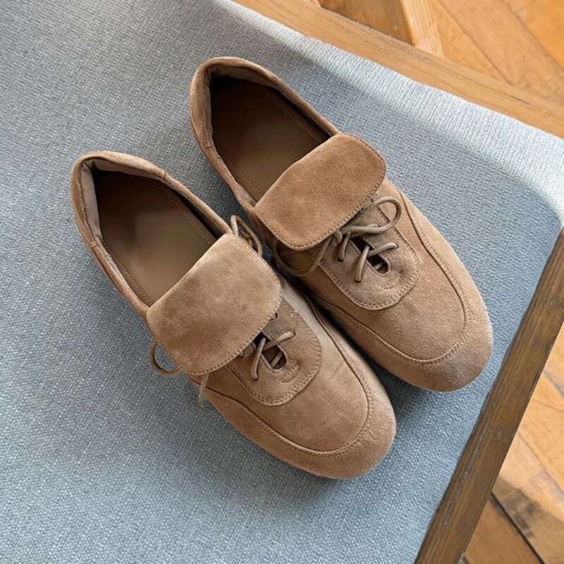 Real cow suede leather women flats lace up casual sport shoes