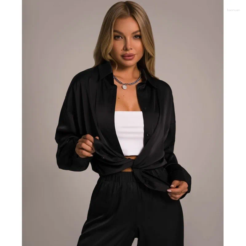 Women's Two Piece Pants Spring And Summer Lady Long Set Elegant Satin Silk Sleeved Loose Shirt Wide Leg Two-piece Women Outerwear