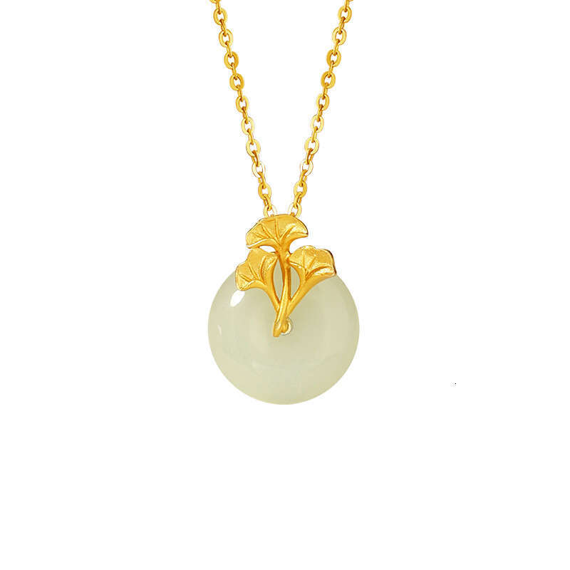 San Sheng Lucky Pure Sier Hotan Jade Necklace New Chinese Style Safety Buckle Bone Chain ins Ginkgo Leaf Pendant