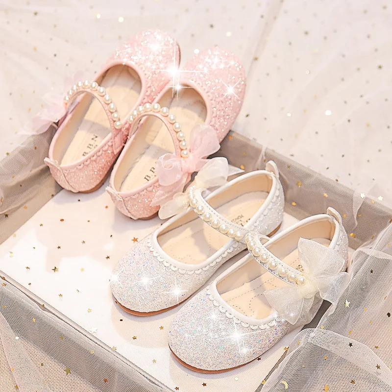 Girls Oxfords Bling Shoes Spring Autumn Kids School Dancing Shoes Pearl Beadings Big Girls Soft PU Leather Shoes Pink Beige 250219