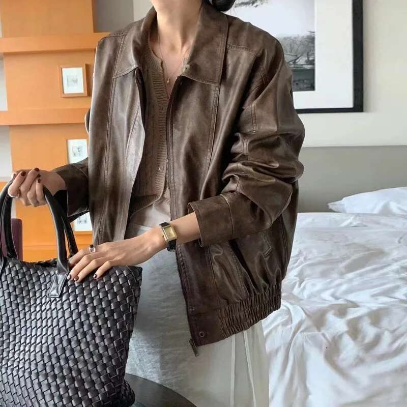 2024 New French Handsome Women Vintage Collar Zipper Loose BF Style Motorcycle Biker PU Leather Jacket Woman