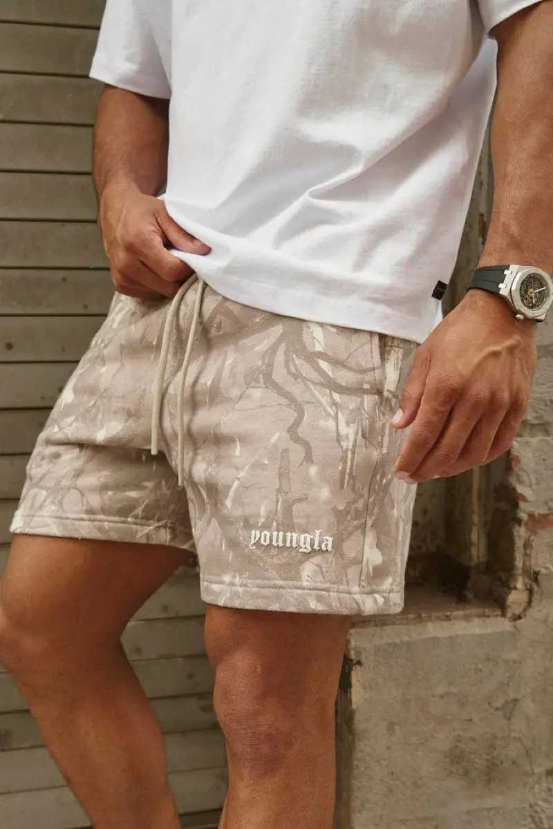 Men's Shorts American New Withered Leaf Style Shorts Mens Casual Camouflage Summer Retro Letters Stretch Loose Gym Sweatpants Beach Pants z250219