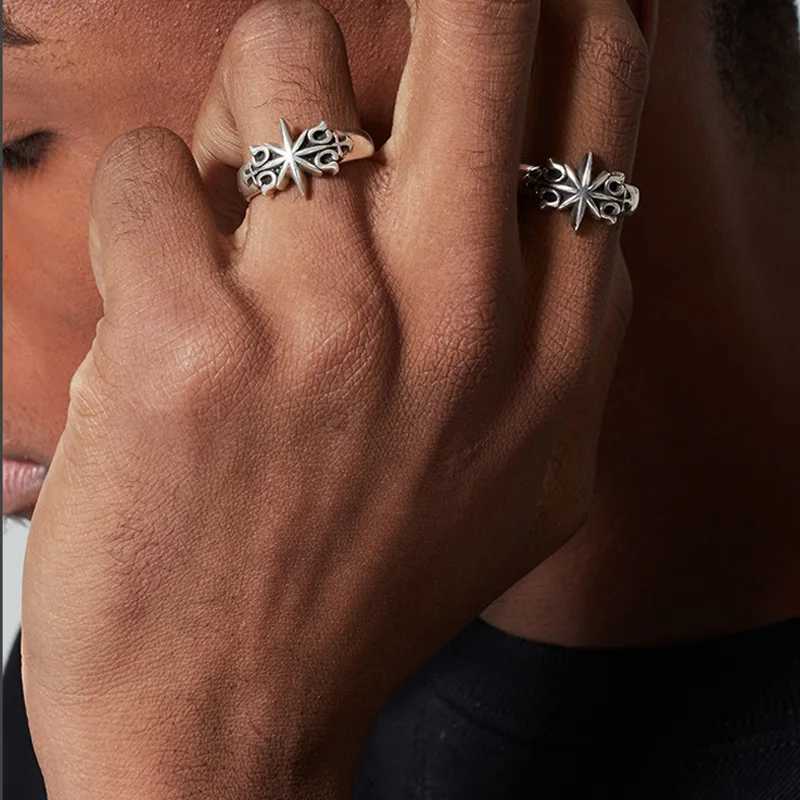 Retro Six Point Star Ring For Men Silver Color Punk Gothic Adjustable Open Ring Rock Handmade Unisex Jewelry Accessories GiftXJ250219