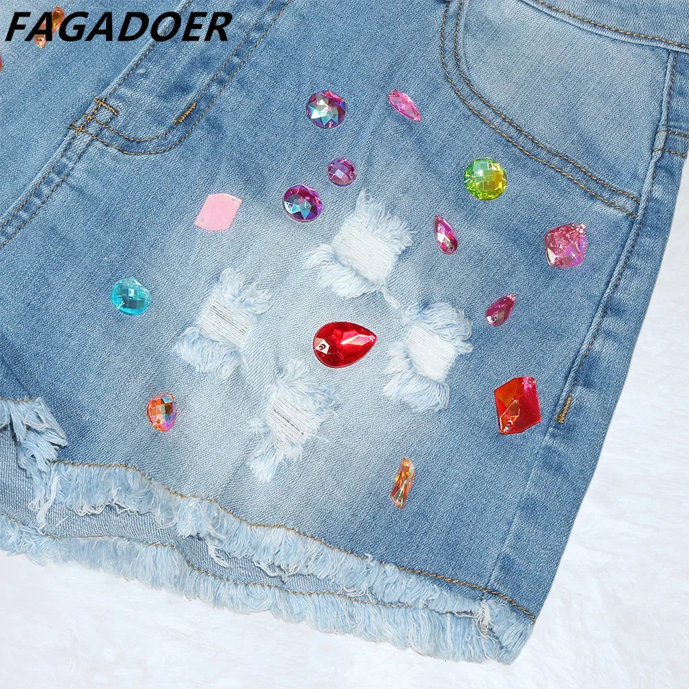 FAGADOER Fashion Colored Diamonds Tassels Denim Shorts Women High Waisted Pocket Slim Jean Casual Female Matching Bottoms 250217