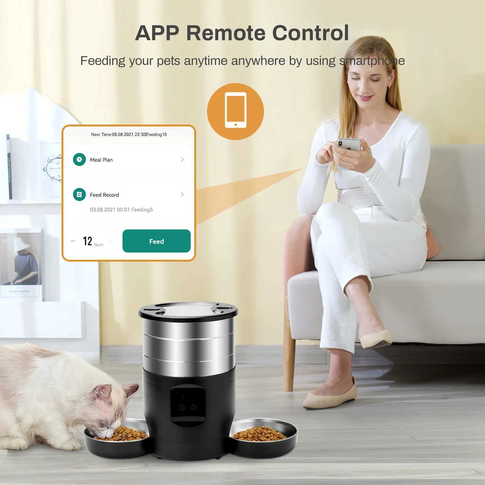 Dog Feeders 4.5L button WiFi automatic cat feeder includes two stainless steel bowls intelligent pet cat and dog food dispenser and pet feeder H250218