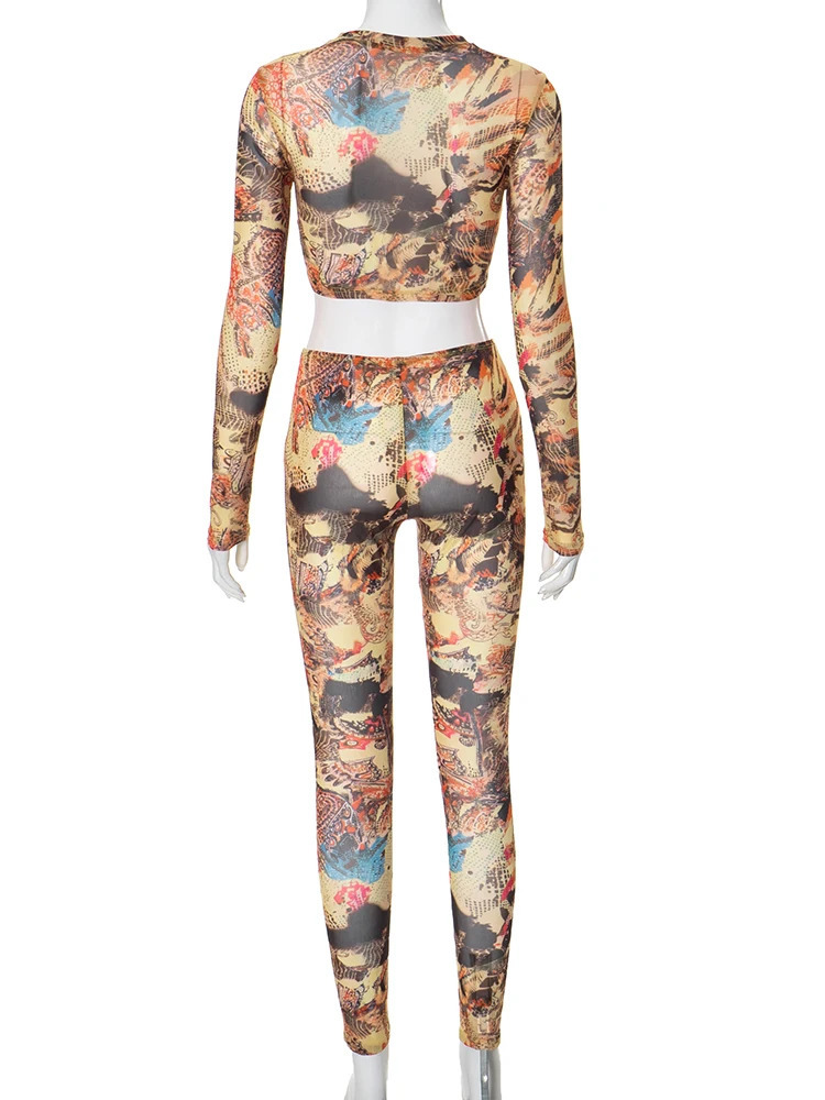 Weird Puss Colorful Print See Through 2 Piece Set Women Autumn Thin Full Sleeve Crop TopSkinny Pants Midnight Matching Outfits 250218