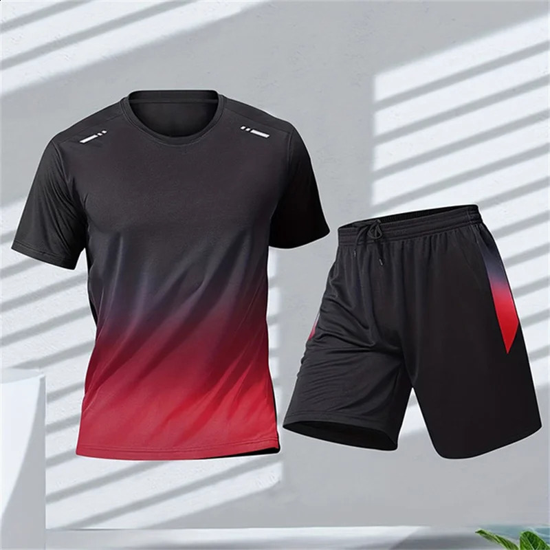 Summer Sportswear Men Gradient Printed Badminton Set Outdoor Running T-shirt and Shorts Comfortable and Breathable Clothing 250218