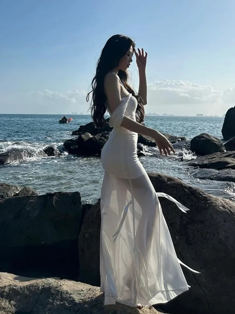 Hooded Long Dresses For Mesh Y2k Clothes Strapless Sleeveless One Piece Robe Fringe 250218