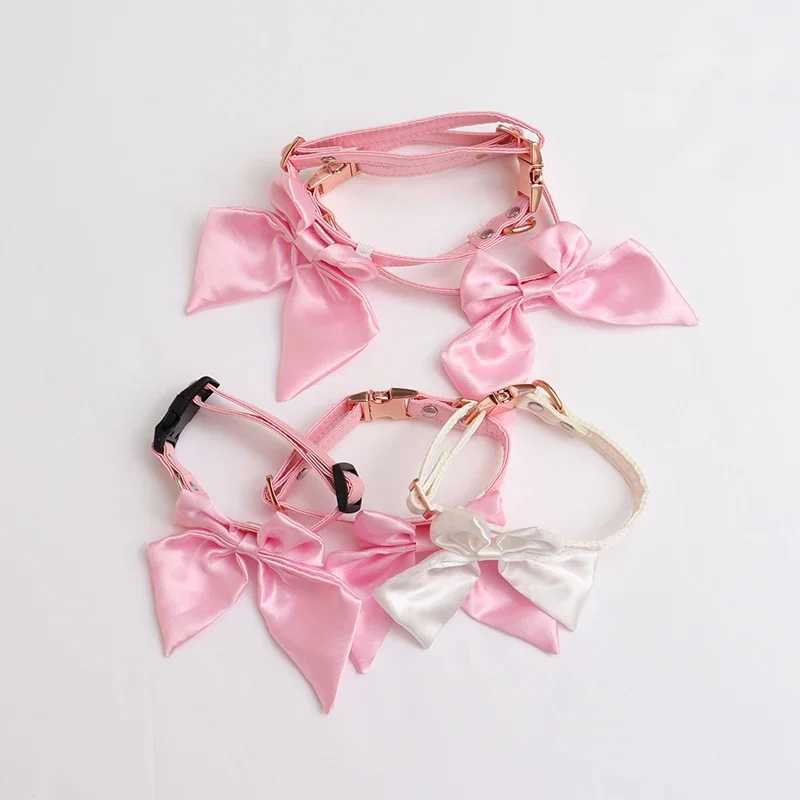 Silk Pink Dog Collar Adjustable Collar for Girl Puppy Kitten Cats Big Bow White Pet Collar with Metal Buckle Pet Accessories W250219