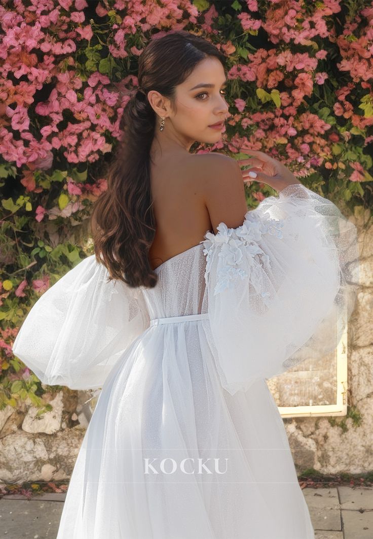 Boho Glitter Long Sleeves Floral Weeding Dress Deep Scoop Side Split A-Line Lace Appliques Bridal Gownss Bridal Gownss 03