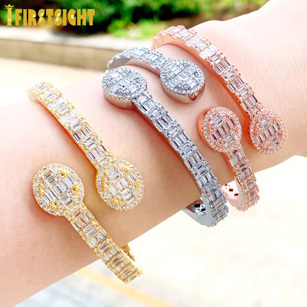 Iced Out Bling Rectangle CZ Opened Heart Bracelet Silver Color Square Zircon Charm Bangle For Women Hiphop Jewelry 250213