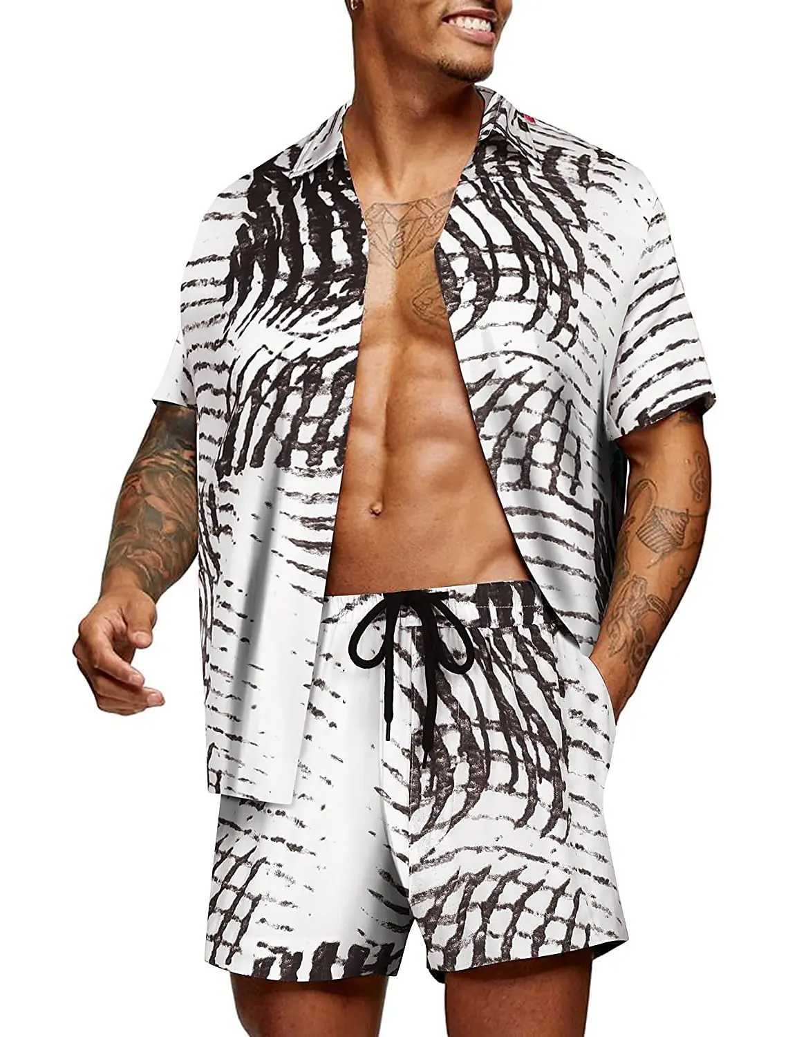 2023 Mens Shirt Set Retro Classic Stripe Pattern Color Pattern Comfortable Loose Tropical Jungle Vacation Fashion All-matchXJ250218