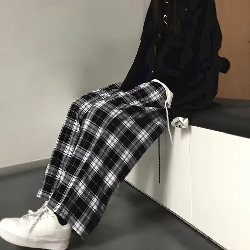 Thin Women Korean Version of High-waisted Wide-leg Pants Casual Straight Hit Color Plaid Elastic Waist Dragging Pants 250218