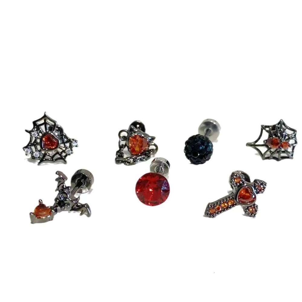Dark Spider Web Red Dia Cross Love Chain Ear Bone Nails Female Niche Sweet Cool Design Spicy Girl Earrings