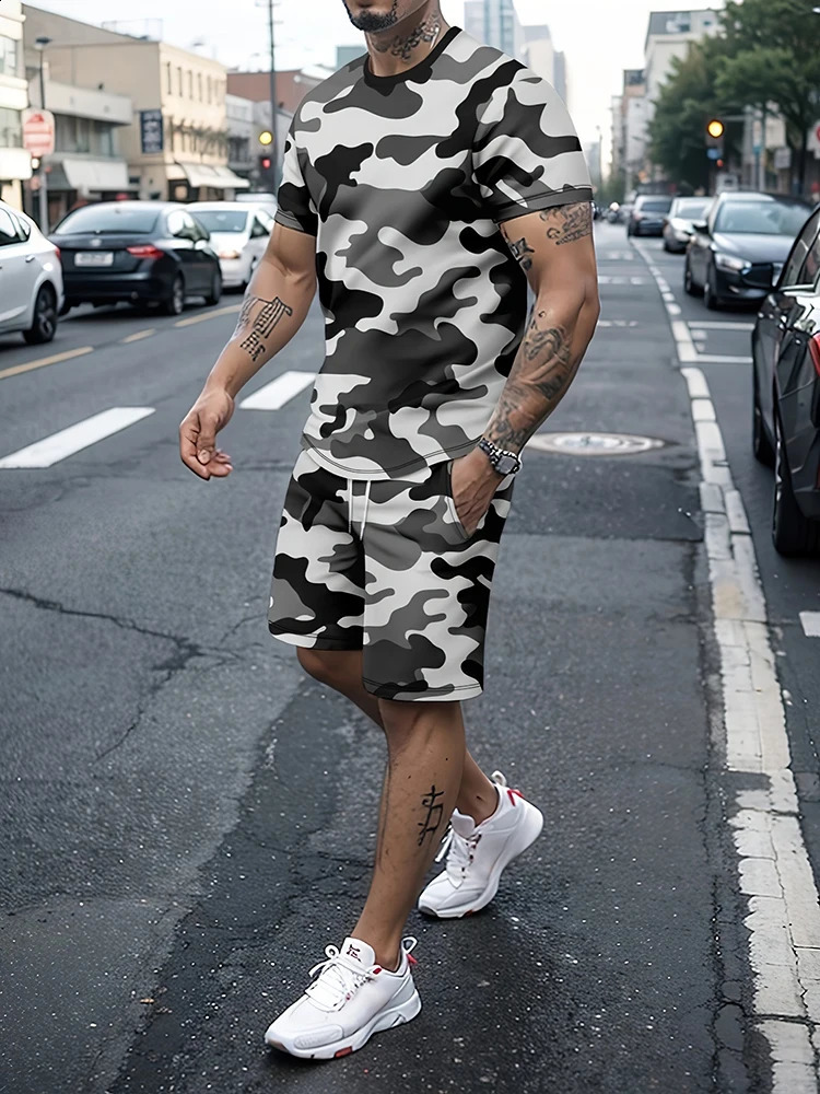 Summer Street Fashion Mens T-shirt And Shorts Set 3D Camouflage Print Mens Short-sleeved Top Outdoor Sports Mens Shorts 250218